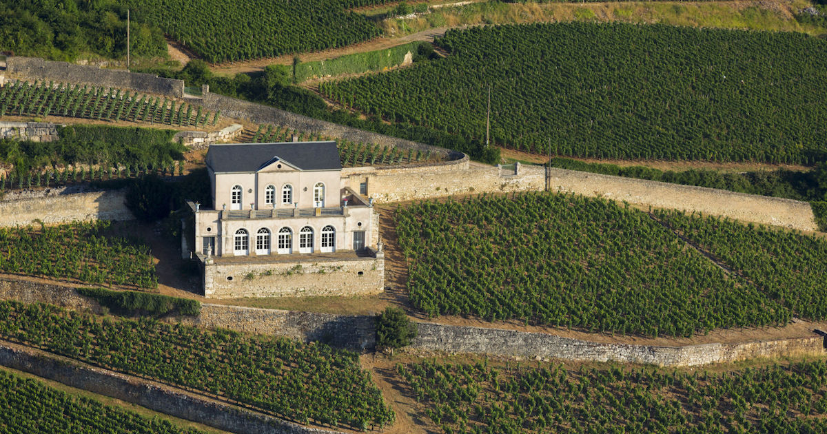 Vignoble de la Cote de Nuits, vue sur le Chateau Gris sur le village de Nuits-Saint-Georges.