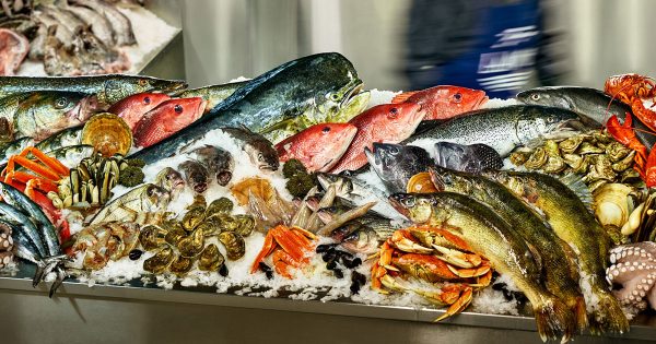 Étalage de poissons et fruits de mer de la Poissonnerie La Mer