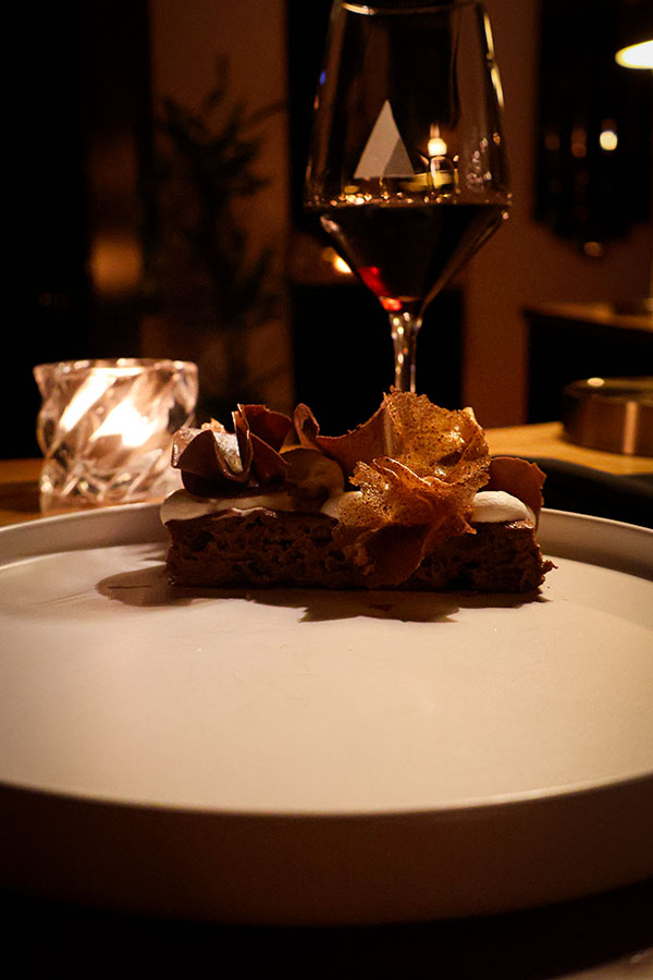 Tres leches made with Cocoa, burnt banana, Cognac and chantilly in pairing with Pedro Ximénez