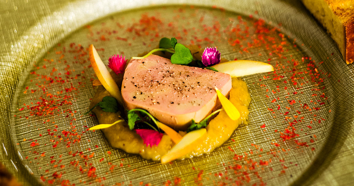 Half-cooked foie gras in terrine, apple chutney brioche toast by Chef Gregory Faye