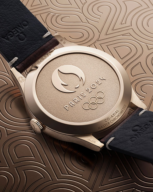 The back of the OMEGA Paris 2024 Bronze Gold Edition