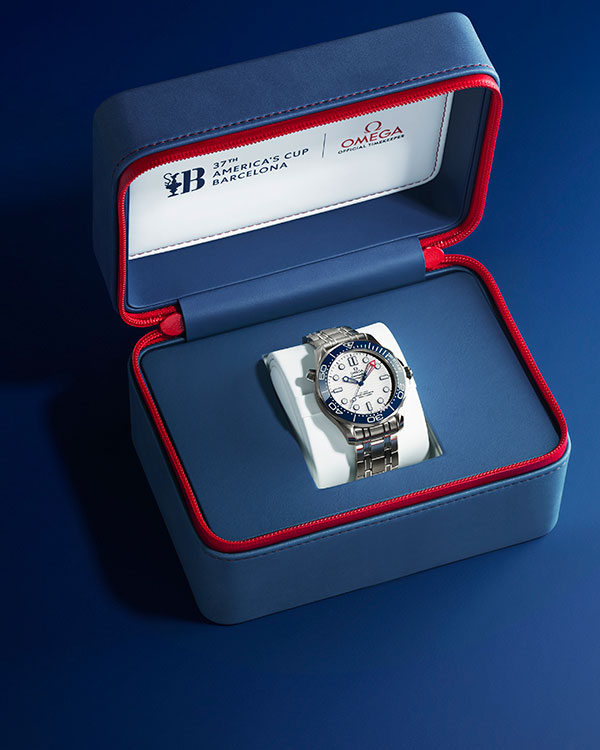 The OMEGA Seamaster Diver 300M 37th America's Cup Edition in its boxed set