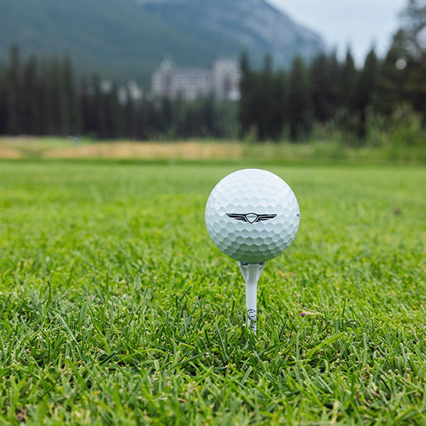 Une balle de golf au départ du parcours