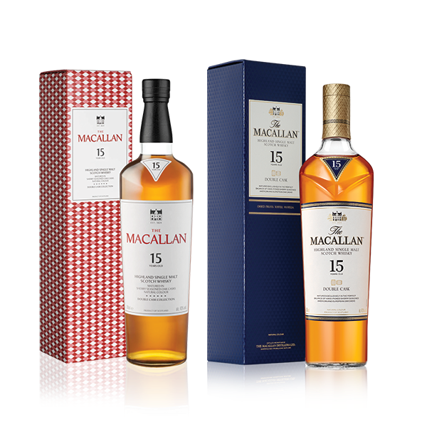 The new and the old packaging for The Macallan Double Cask 15 Years Old