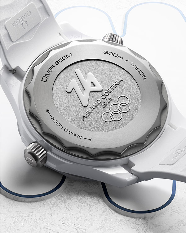Detailed view of the caseback of the OMEGA Seamaster Diver 300M Milano Cortina