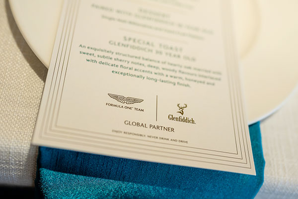 Le menu de l'événement Club 1959 de 2025 avec Glenfiddich et Aston Martin