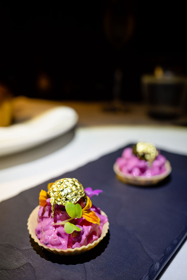 3 luxury hotels in Bangkok - A decadent and impressive vegetable and caviar tartlet from Sirocco