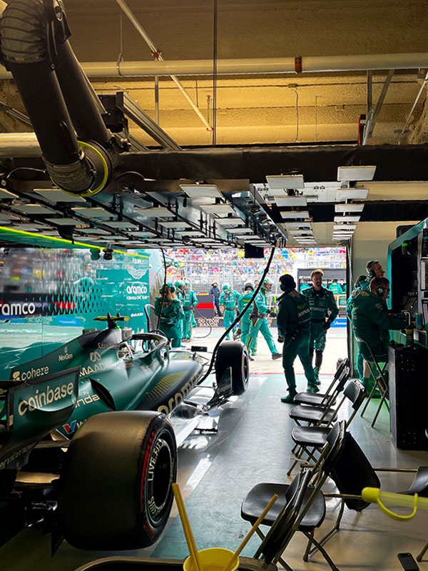 A view from inside the Aston Martin F1 garage