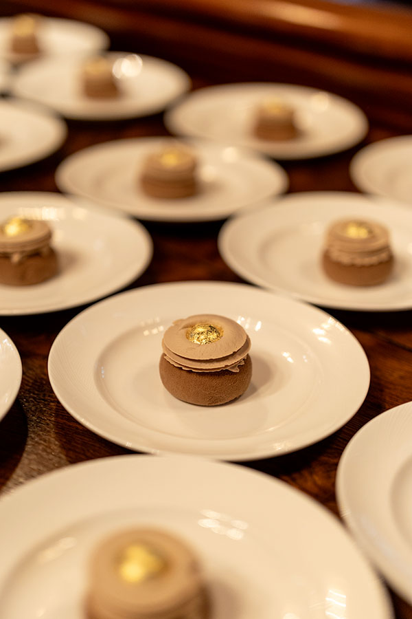 The Choco Carat: a chocolate fondant with cocoa nib crunch, 64% chocolate mousse, smooth caramel and milk chocolate ganache, and a gold leaf topper