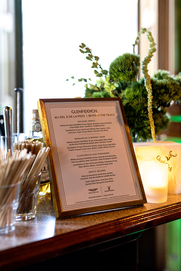 The cocktail menu at the Aston Martin and Glenfiddich Beyond the Track evening