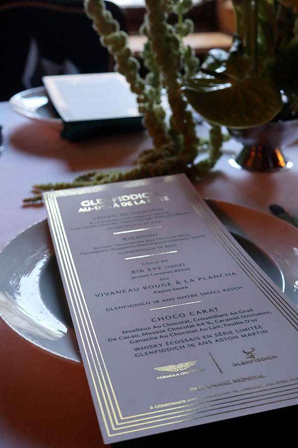 The menu for the Aston Martin F1 and Glenfiddich Beyond the Track evening
