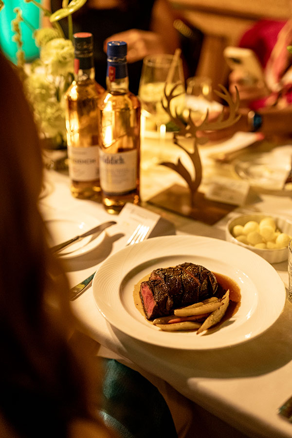 10 oz rib eye with vegetables, paired with Glenfiddich 18-year-old